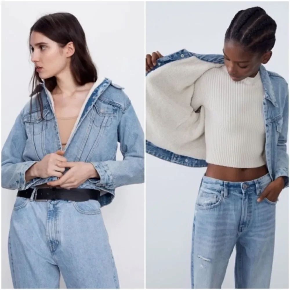 Zara light wash denim jean jacket with white cream sherpa lining
